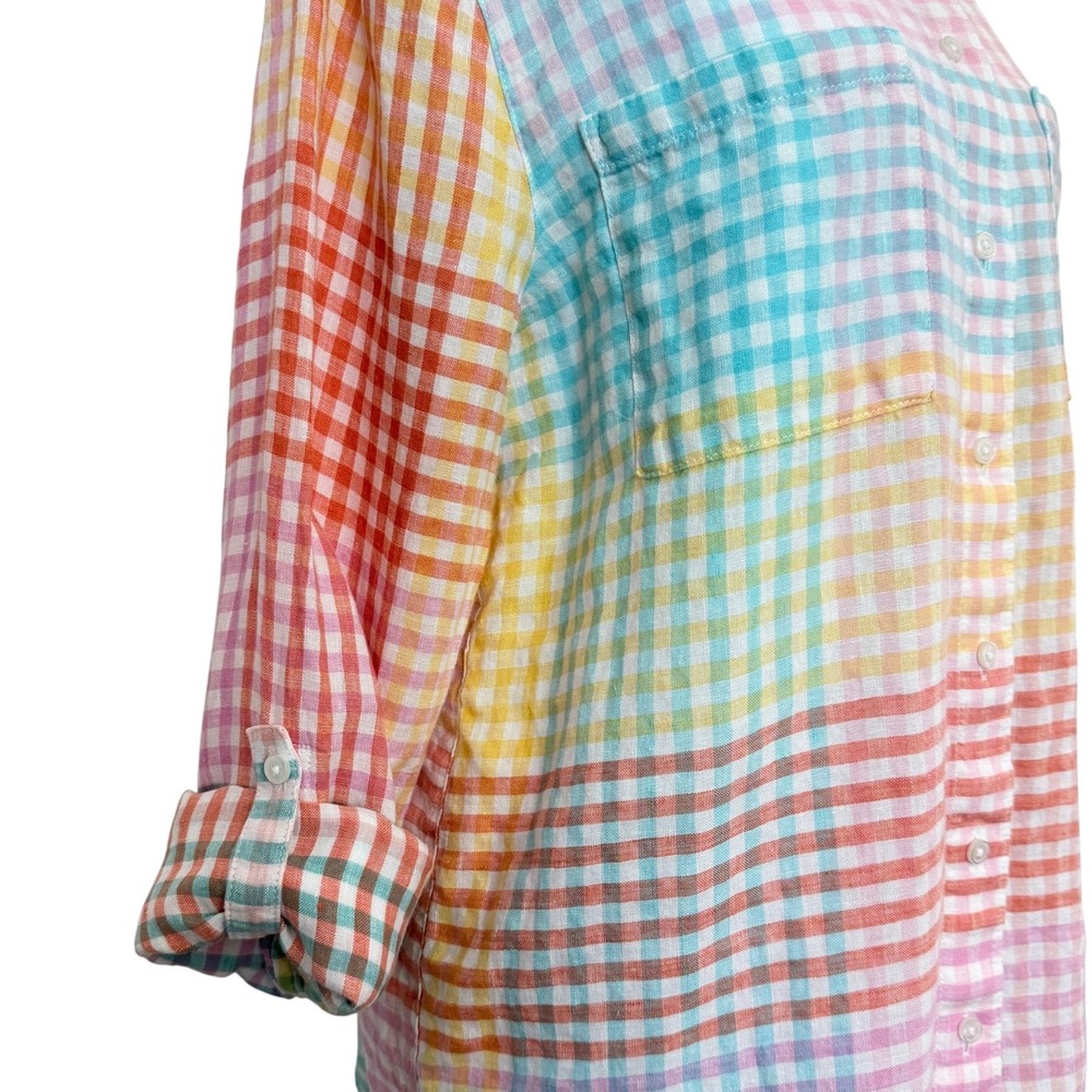 Lands End Women's Rainbow Plaid Linen Roll Tab Button Up Top M Beachy Lagenlook - Picture 4 of 11